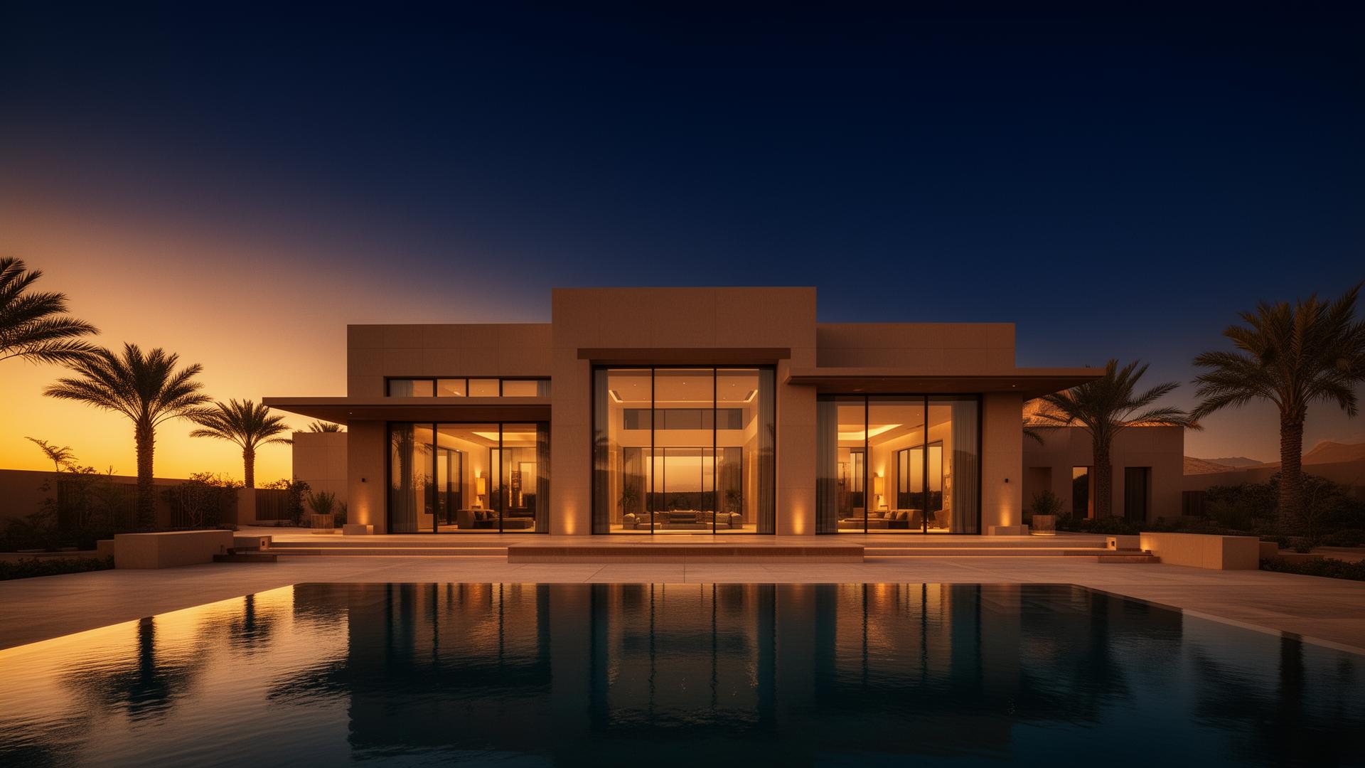 Luxury villa exterior at golden hour